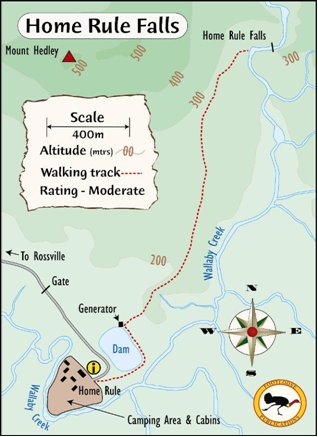 Map of walking trail to Home Rule Falls courtesy Footloose publications